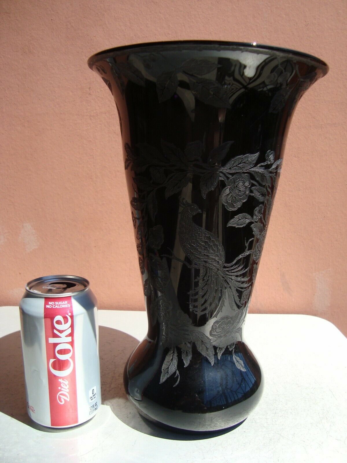 Cambridge Glass Black 12" Etched Glass Lela Bird Trumpet Vase