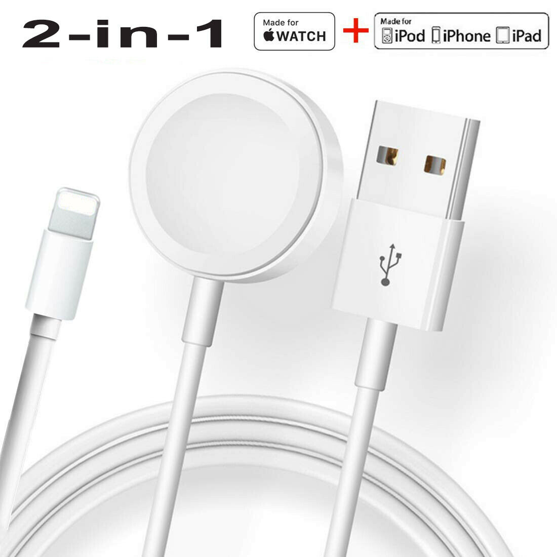 2-in-1 Magnetic Charger Usb Cable For Apple Watch Se/6/5/4/3/2/1 Iphone 11/8/7/x