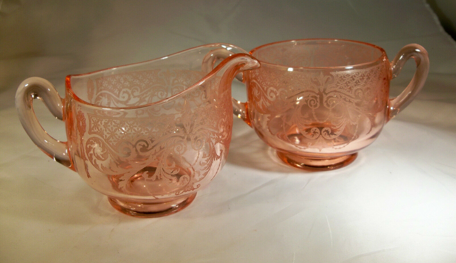 Cambridge Byzantine Etch #520 Peach Blo Pink #138 Creamer & Sugar Bowl Set!