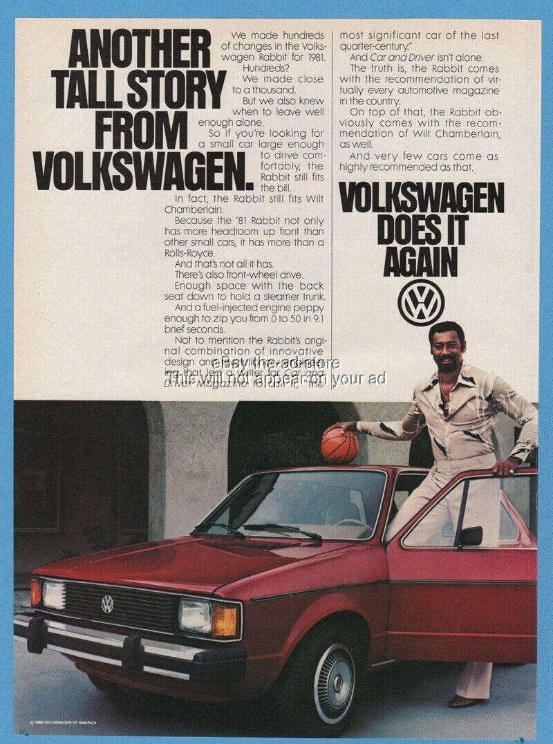 1981 Vw Volkswagen Rabbit Wilt The Stilt Chamberlain Basketball Awesome Photo Ad