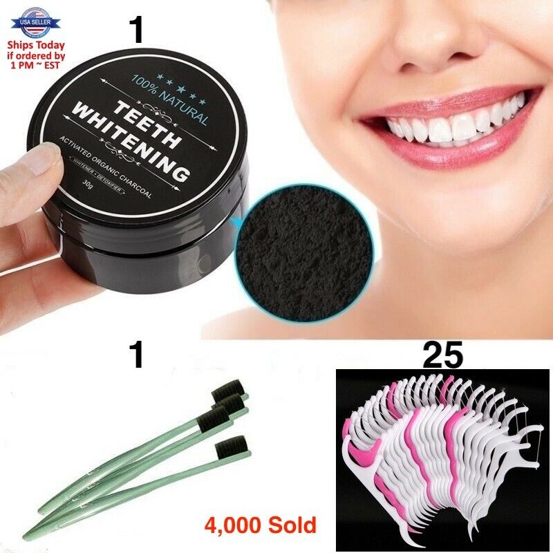 Teeth Whitening Powder Activated Charcoal Coconut Natural Organic Toothpaste Kit