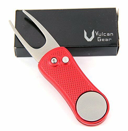 Metal Switchblade Divot Tool W/ Pop-up Button & Magnetic Ball Marker Red