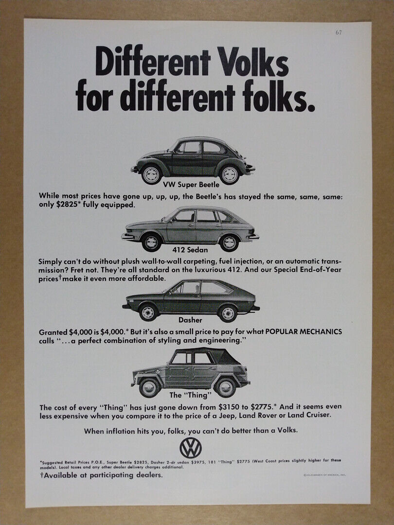 1974 Vw Volkswagen Super Beetle 412 Dasher & 181 Thing Vintage Print Ad