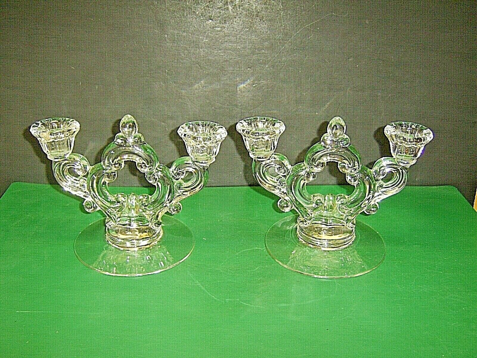 2 Cambridge Crystal Glass 2 Lite Keyhole #647 Candlestick Candle Holders No Etch
