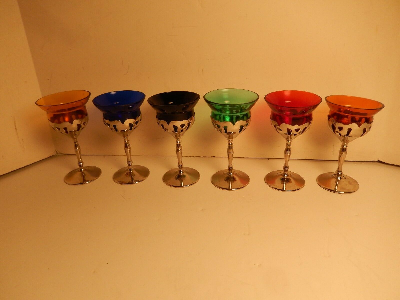 Vintage Art Deco Farber Bros Krome Kraft Cambridge Glass Cocktail Wine Set Of 6