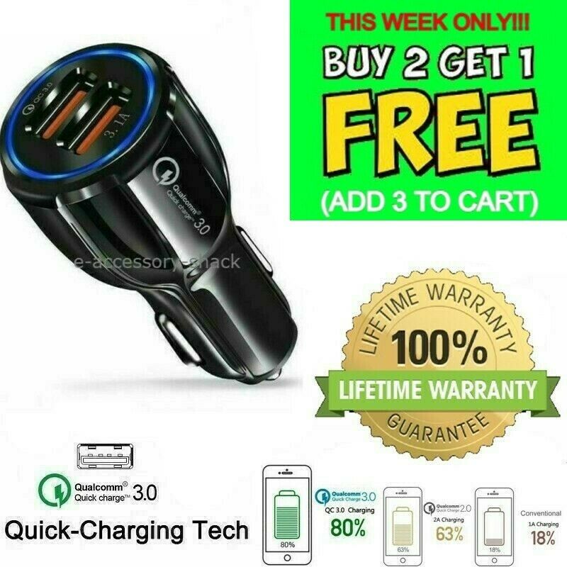 2 Port Usb Fast Car Charger Qc 3.0 Dual For Samsung Iphone Android Cell Phone