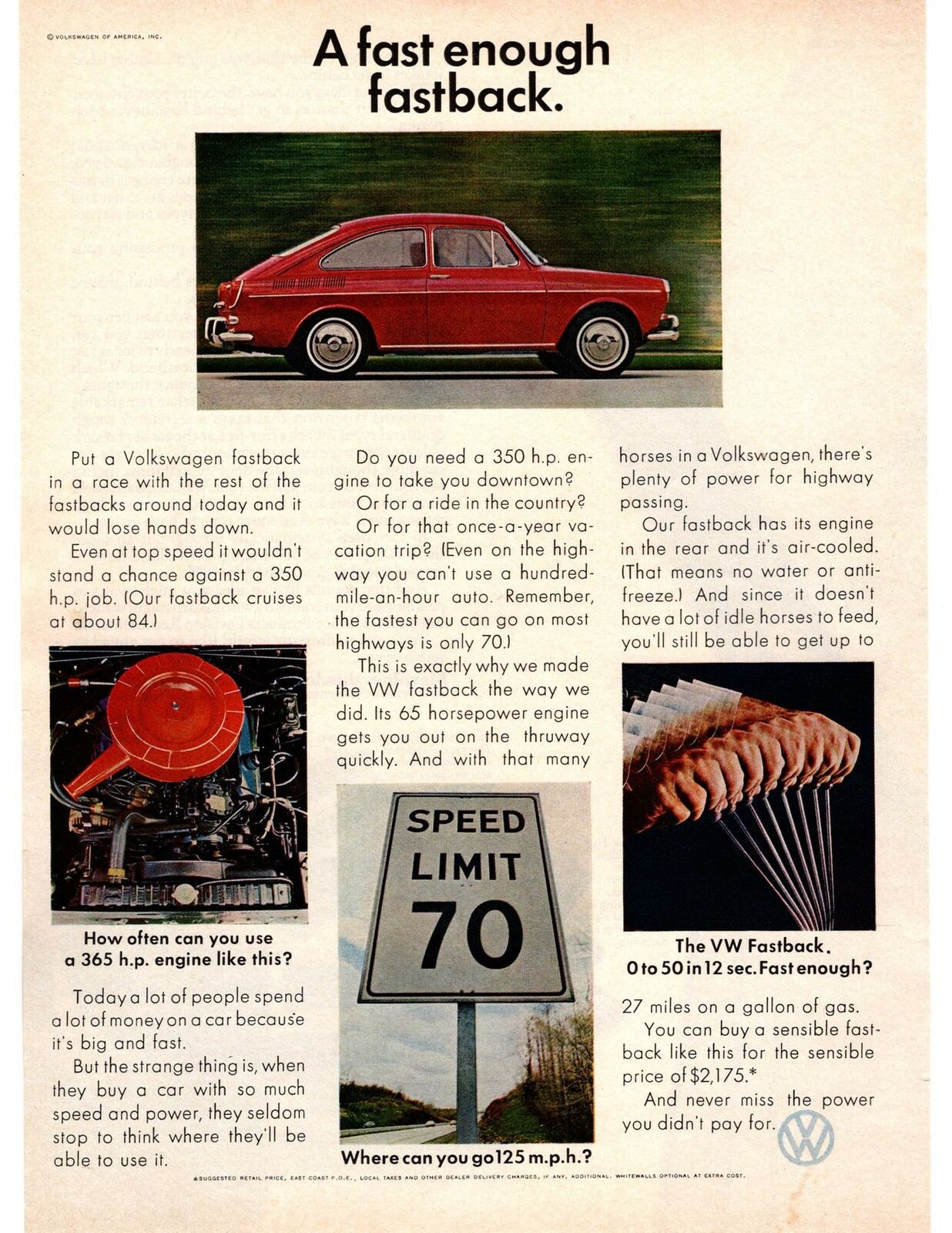 1968 Vw Volkswagen Type 3 1600 Fastback 27 Mpg Speed Limit Sign 70 Mph Print Ad