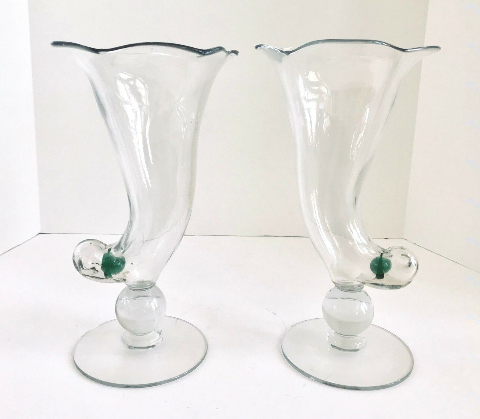 Pair Of Cambridge(?) Unusual 10" Art Glass Cornucopias Vases