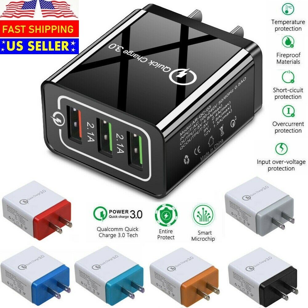 3 Port Usb Home Wall Fast Charger Qc 3.0 For Cell Phone Iphone Samsung Android