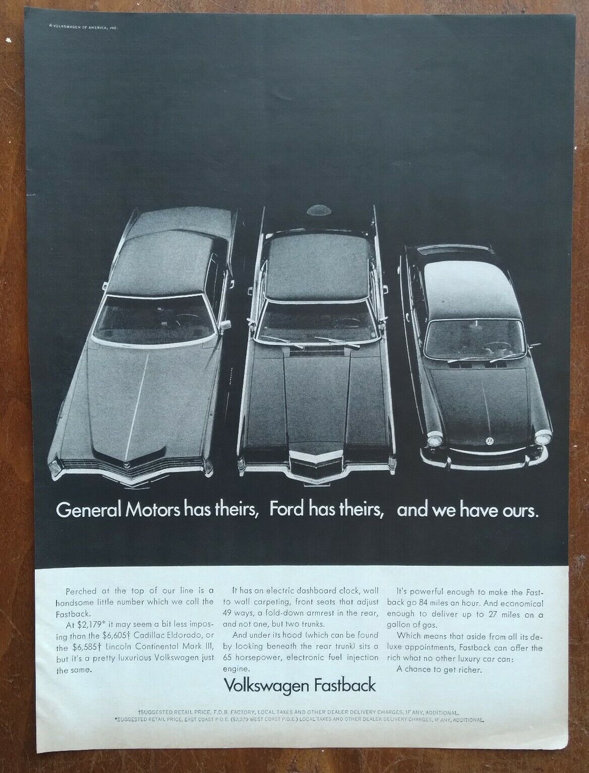 1968 Volkswagen Fastback Lincoln Continental Cadillac Eldorado Vintage Print Ad