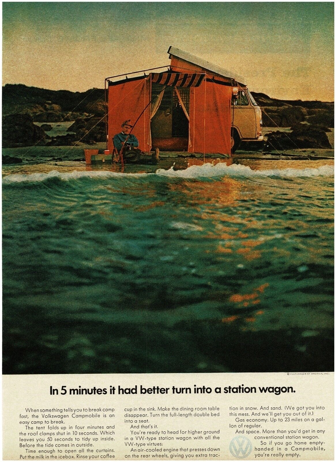 1970 Vw Volkswagen Yellow Campmobile Camping Out At The Shore Beach Vintage Ad